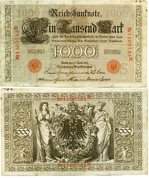 ГЕРМАНИЯ 1000 МАРОК 1910 21 АПРЕЛЯ 1910, СЕМЬ ЦИФР В НОМЕРЕ, КРАСНАЯ ПЕЧАТЬ Pick 44b бумага 6262-12-1-1