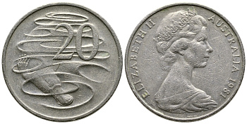 АВСТРАЛИЯ 20 ЦЕНТОВ 1981 ЕЛИЗАВЕТА II, МОЛОДОЙ ПОРТРЕТ, УТКОНОС KM 66 медно-никель 84-1024