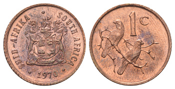 ЮАР 1 цент 1970 герб, капские воробьи KM 82 бронза UNC 4696-919