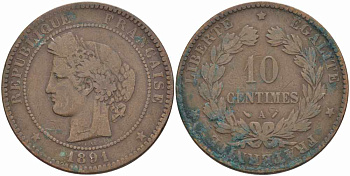 ФРАНЦИЯ 10 САНТИМОВ 1891 A, ТРЕТЬЯ РЕСПУБЛИКА (1871-1940) KM 815.1, LA FRANC 135.36 бронза 82-442
