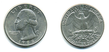 США 25 ЦЕНТОВ = КВОТЕР 1988 ВАШИНГТОН KM А164а медь плакированная медно-никелем 36-1216