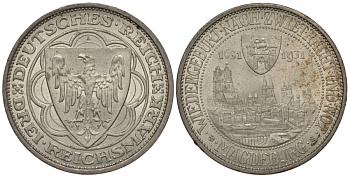 Германия 3 марки 1931 A, 300-летие восстановления Магдебурга J. 347, KM 72 серебро UNC 00-814-76