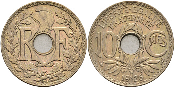 Франция 10 сантимов 1926 тип Линдайё KM 866а медно-никель 4116-454