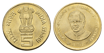 Индия 5 рупий 2010 100 лет со дня рождения Чидамбарама Субраманьяма KM 377 никель латунь UNC 4119-853