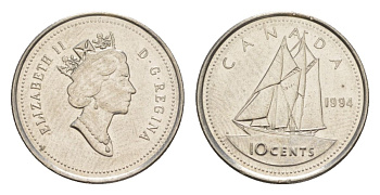 Канада 10 центов 1994 Елизавета II (1952-2022), парусник KM 183 никель 4630-845