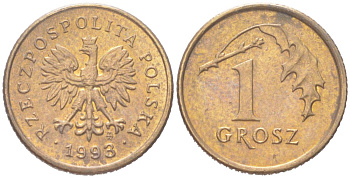 Польша 1 грош 1993 Y 276 марганец латунь UNC 4614-566