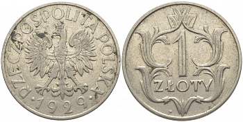 ПОЛЬША 1 ЗЛОТЫЙ 1929 w KM 14 никель 4448-247
