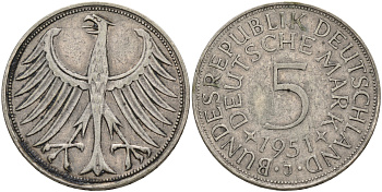 ФРГ 5 марок 1951 J (Гамбург), J. 387, KM 112.1 серебро 4565-121