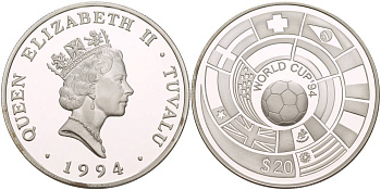 Тувалу 20 долларов 1994 чемпионат мира по футболу 1994 года В США, флаги стран в спирали KM 22 серебро PROOF 1081-8-53