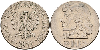 Польша 10 злотых 1971 MW, Тадеуш Костюшко KM 50а медно-никель 4572-412