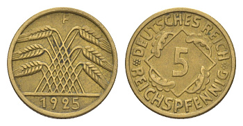 Германия 5 рейхспфеннигов 1925 F KM 39, J. 316 алюминиевая бронза 4644-1136