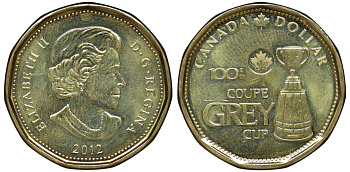 Канада 1 доллар 2012 100-ый кубок Грея (чемпионат канадской футбольной лиги) KM 1295 никель плакированный бронзой UNC 4542-1234