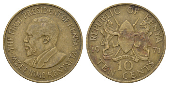 Кения 10 центов 1971 Джомо Кениата KM 11 никель латунь 79-143