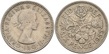 Великобритания 6 пенсов 1955 Елизавета II (1952-2022) KM 903, Spink 4149 медно-никель 4596-1037