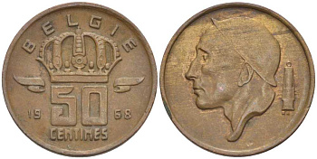 Бельгия 50 сантимов 1968 Belgie, Бодуэн I (1951-1993) KM 149.1 бронза 3458-114
