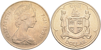 Фиджи 1 доллар 1969 герб, Елизавета II KM 32 медно-никель 4558-122