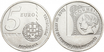 Португалия 5 евро 2003 150 летие первой Португальской марке KM 749 серебро UNC 1521-1315