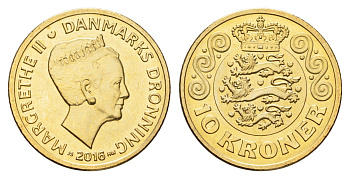 Дания 10 крон 2016 NR, Маргрете II (1972-2024) KM 954 алюминиевая бронза UNC 117-436