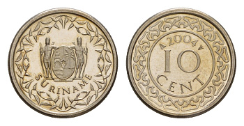 Суринам 10 центов 2004 тираж 4000 экземпляров KM 13a медно-никель BU 4649-1015