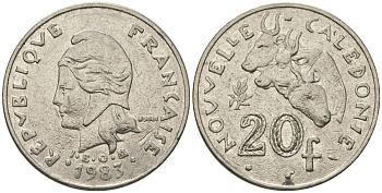Французская Новая Каледония 20 франков 1983 три быка, (IEOM) KM 12, Schoen 14, Lec 111 никель 4680-212