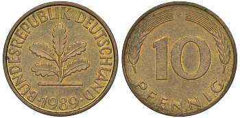 ФРГ 10 пфеннигов 1989 F KM 108, J 383 сталь плакированная латунью 25-1825