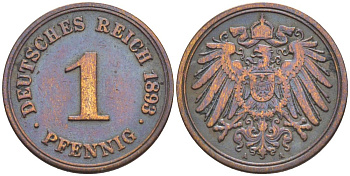 ГЕРМАНИЯ 1 ПФЕННИГ 1893 A KM 10, Jager. 10, Weege 2 медь 4528-1125