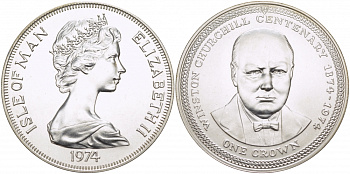 Остров Мэн 1 крона 1974 100 лет со дня рождения Уинстона Черчилля КМ 30a серебро UNC 1081-3-41