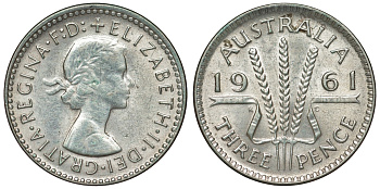 Австралия 3 пенса 1961 m, Елизавета II (1952-2022) KM 57 серебро 71-747
