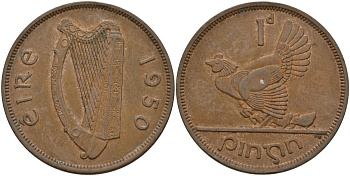 Ирландия 1 пенни 1950 курица с цыплятами KM 11 бронза 4144-1145