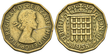 Великобритания 3 пенса 1958 Елизавета II (1952-2022) KM 900, Spink 4153 никель латунь 4603-131