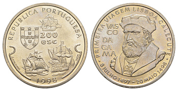 Португалия 200 эскудо 1998 Путешествие Васко да Гамы в Индию 1498 года - Васко да Гама KM 709 медно-никель UNC 4677-331
