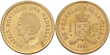 Нидерландские Антилы 1 гульден 1991 Беатрикс (1980-2013) KM 37 позолоченная сталь 4595-447