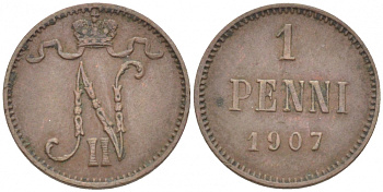 Россия для Финляндии 5 пенни 1907 Николай II (1894-1917) KM 15, Биткин 448 медь 4396-1325