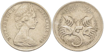 АВСТРАЛИЯ 5 ЦЕНТОВ 1968 ЕЛИЗАВЕТА II (1952-) МОЛОДОЙ ПОРТРЕТ, ЕХИДНА KM 64 медно-никель 4516-649