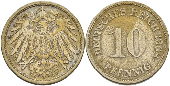 ГЕРМАНИЯ 10 ПФЕННИГОВ 1908 G KM 12, J. 13, Weege 8 медно-никель 212-112