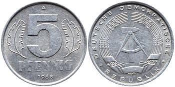 ГДР 5 ПФЕННИГОВ 1968 А KM 9.1 алюминий 4392-416