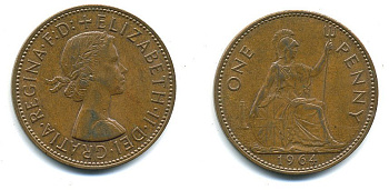 Великобритания 1 пенни 1964 Елизавета II (1952-2022) KM 897, Spink 4157 бронза 4110-341