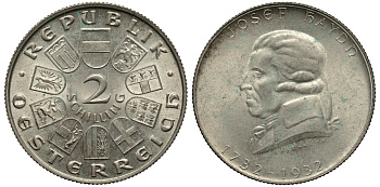 Австрия 2 шиллинга 1932 200 лет со дня рождения Йозефа Гайдна KM 2848 серебро 413-3032