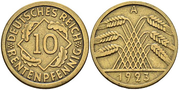 ГЕРМАНИЯ 10 РЕНТЕНПФЕННИГОВ 1923 А KM 33, J. 309 алюминиевая бронза 4401-342