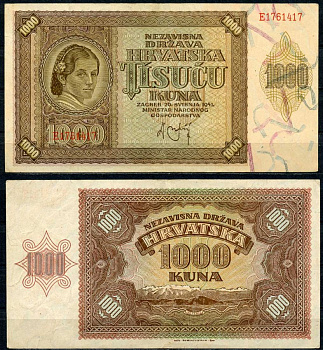 Хорватия 1000 кун 1941 женщина, горы Велебит Pick 4 бумага 8619-1-2-2