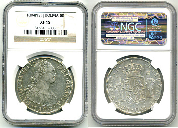 Боливия 8 реалов 1804 Карлос IV (1788-1808), PTS-PJ, в слабе NGC XF 45 KM 73.1 серебро 15-004-18