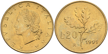 Италия 20 лир 1991 R, дубовый лист KM 97.2 алюминиевая бронза  UNC  4594-812