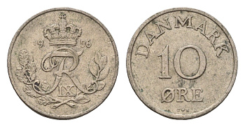 Дания 10 эре 1956 N; S, Фредерик IX (1947-1972) KM 841 медно-никель 4611-621