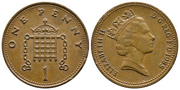 Великобритания 1 пенни 1988 Елизавета II (1952-2022) KM 935, Spink 4381 (B3) бронза 4179-535