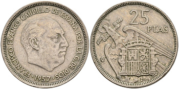 Испания 25 песет 1957 (58) Франсиско Франко (1939 - 1975) KM 787 медно-никель 4149-1023