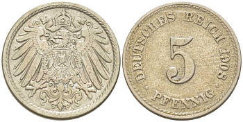 Германия 5 пфеннигов 1908 A KM 11, Jager 12, Weege 6 медно-никель 206-952
