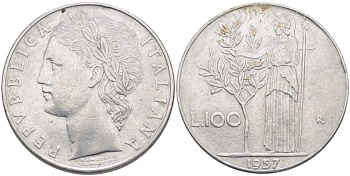 ИТАЛИЯ 100 ЛИР 1957 R, АФИНА KM 96.1 нержавеющая сталь 109-723