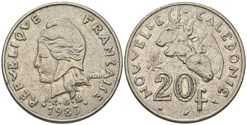Французская Новая Каледония 20 франков 1983 три быка, (IEOM) KM 12, Schoen 14, Lec 111 никель 4680-216
