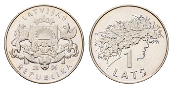 Латвия 1 лат 2006 Дубовый венок KM 73 медно-никель UNC 4679-334