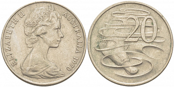 Австралия 20 центов 1970 Елизавета II (1952-2022), утконос KM 66 медно-никель 3457-211